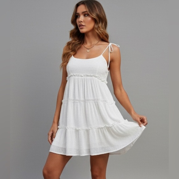 White Swiss Dot Frill Trim Cami Dress - Picture 2 of 6